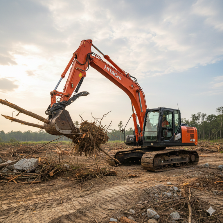 Buat gambar Ekskavator Hitachi ZX70-5G sedang Pembukaan & Pembersihan Lahan